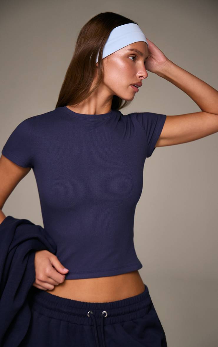 Bleu Marine Haut Ajusté À Manches Courtes En Coton Doux