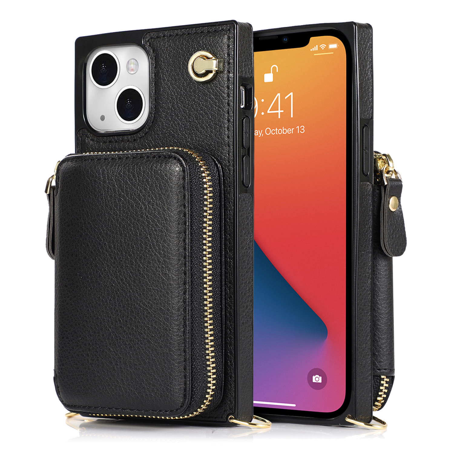 iPhone 13 Necklace Leder Schutz Hülle mit Kartenfächer   Handykette (140cm) - Schwarz