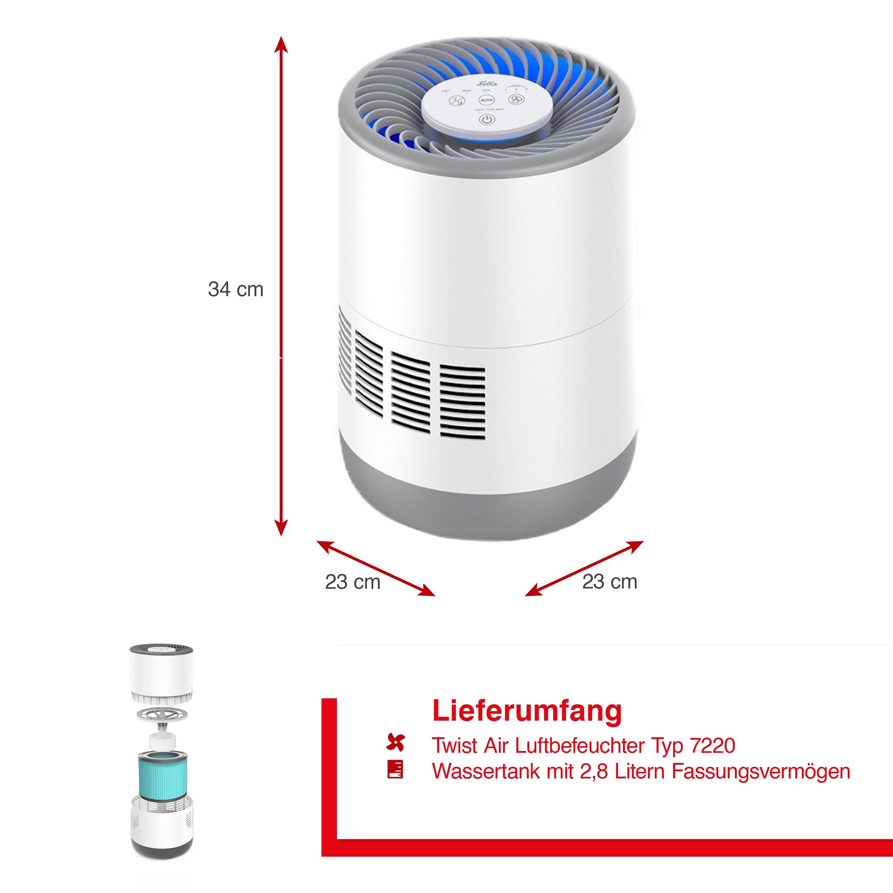 Solis Luftbefeuchter, Luftreiniger, 4 Stufen, Räume bis 105 m³, Filter