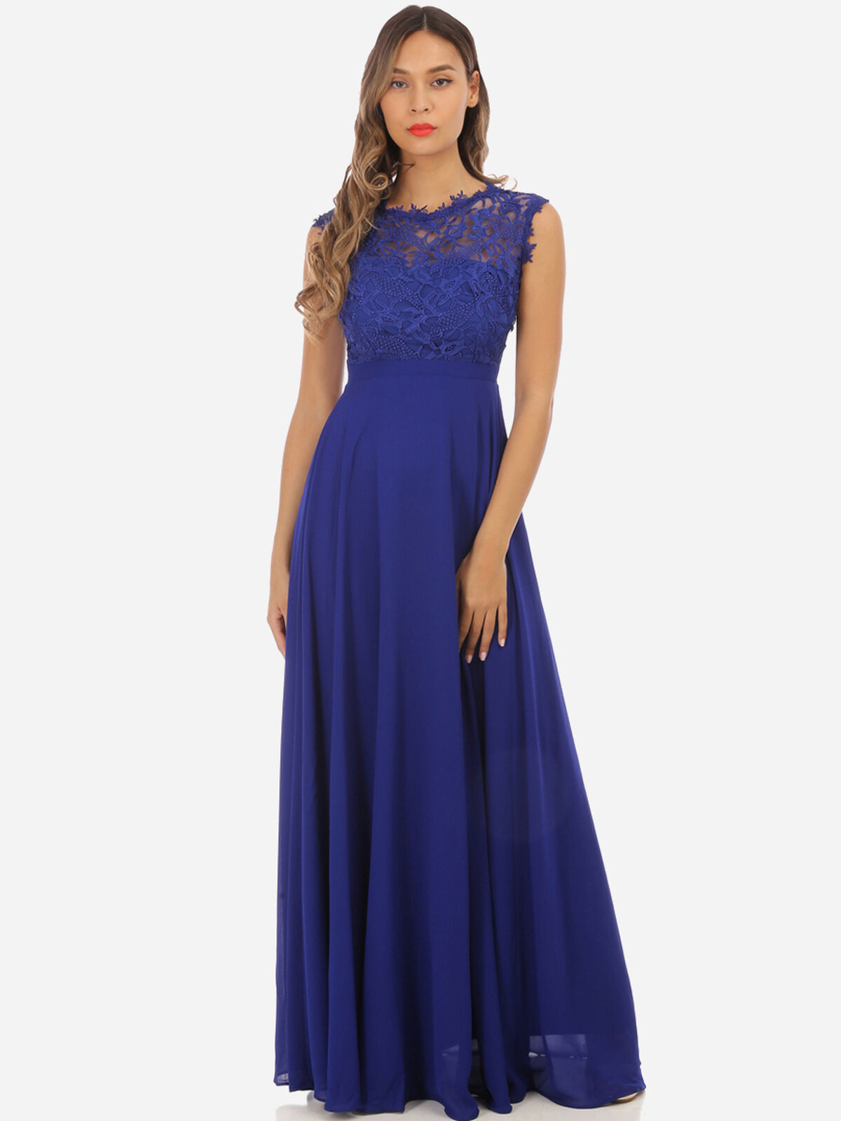 Robe longue à dentelle grandes tailles- Bleu Roi