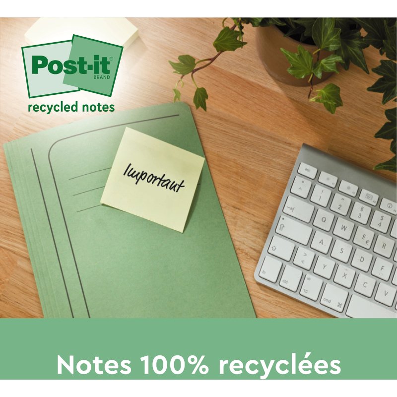 Pack 12 blocs z-notes repositionnables jaunes recyclées Post-It 76 x 76 mm - bloc de 100 feuilles + distributeur offert