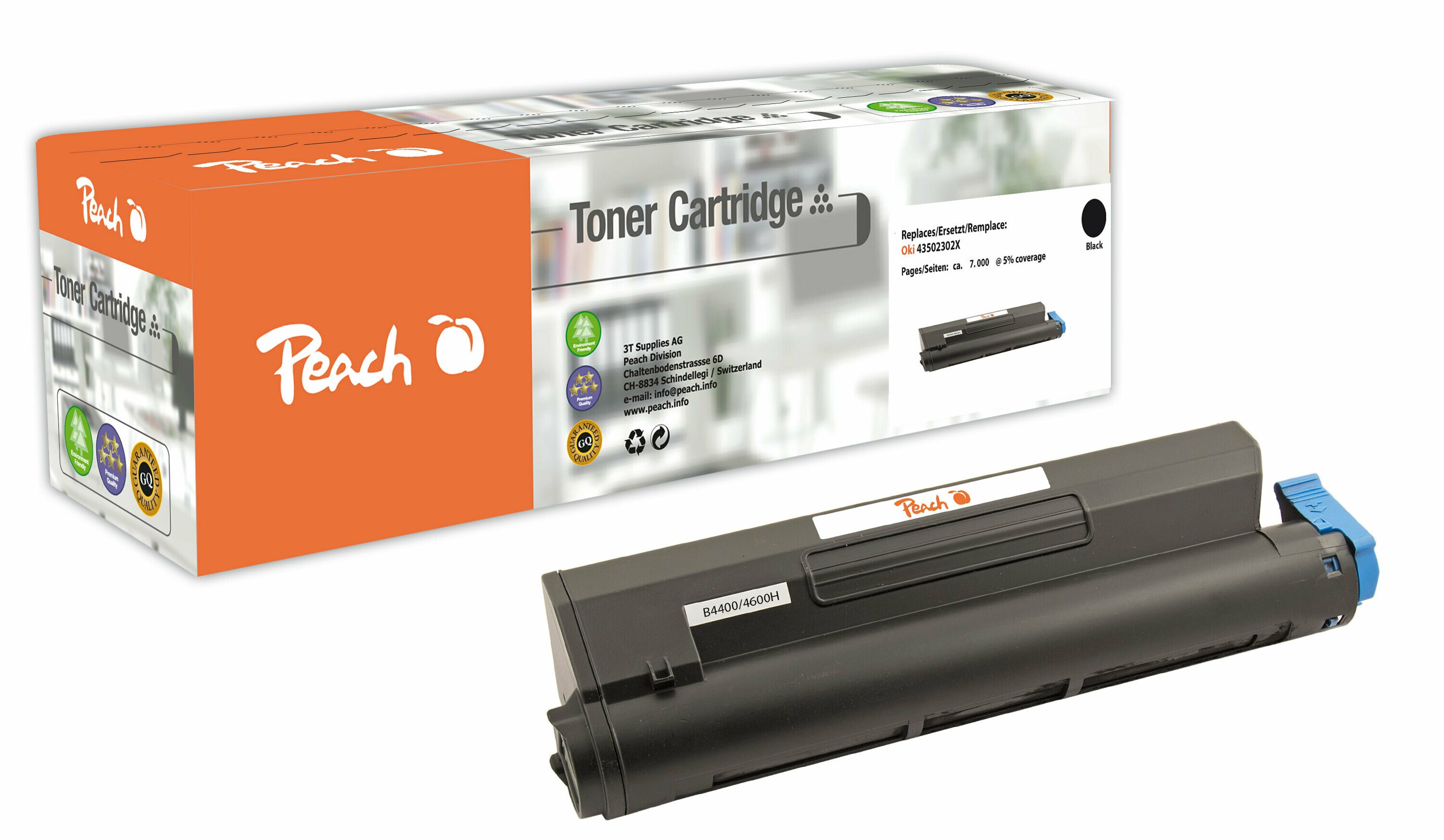 Peach O4350Toner XL bk ersetzt OKI 43502302X für z.B. OKI B 4400, OKI B 4400 N, OKI B 4600, OKI B 4600 N, OKI B 4600 NPS, OKI B 4600 PS (wiederaufbereitet)