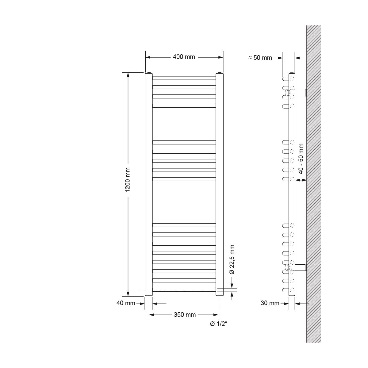 ECD Duitsland Elektrische badkamerradiator met verwarmingselement 1200W hoog vermogen - 400 x 1200 mm - Wit - Gebogen met zijaansluiting - Radiator Handdoekverwarmer Handdoekdroger