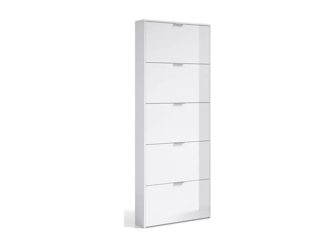 Commode à chaussures en bois de 5 abattants coloris blanc brillant - Dim : 180 x 70 x 17 cm