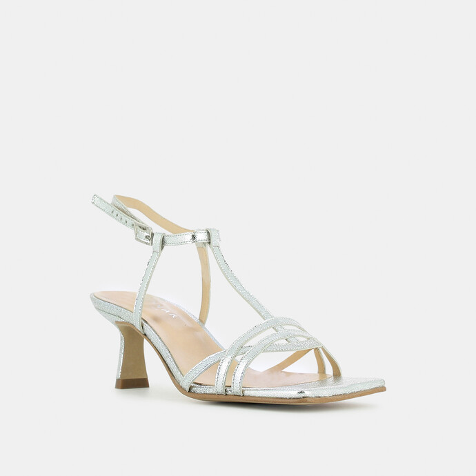 Sandales à talon et bride  en cuir craquelé argent