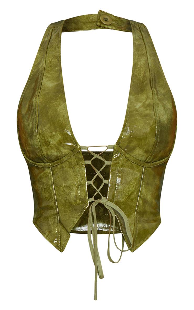 Vert Olive Top Col Licou Plongeant À Laçage En Synthétiquecuir Effet Lavé