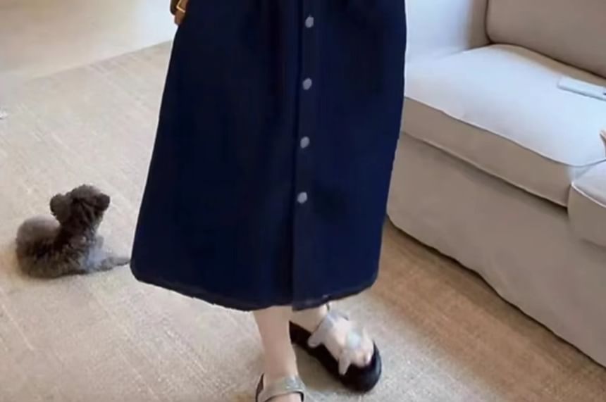 NOA - Zwangerschapsjurk met ballonmouwen en ronde hals, effen / Gewassen midi A-lijn denim tuinjurk / set