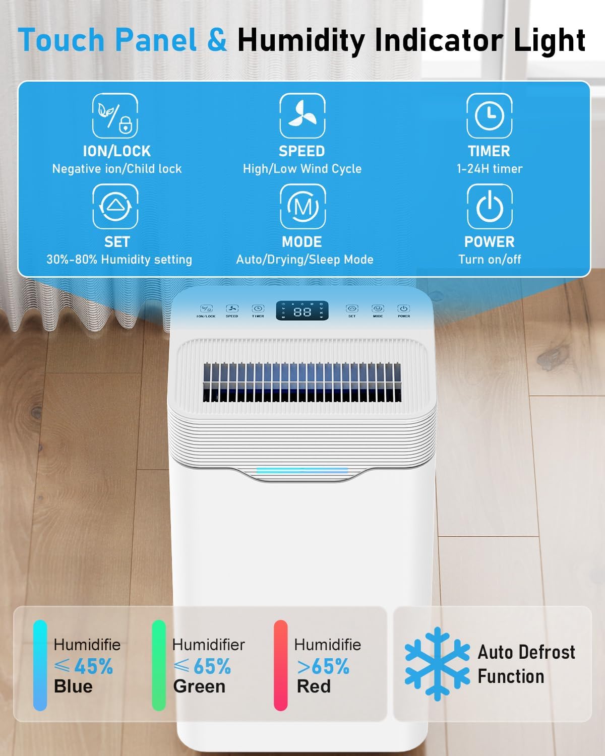 Luftentfeuchter Elektrisch 12L/Tag mit 24H Timer, 3Modus, Automatischer Abschaltung, Luftentfeuchter Mit Ablaufschlauch für Räume bis zu 100m³, für Wohnung, Keller, Wohnzimmer, Weiß