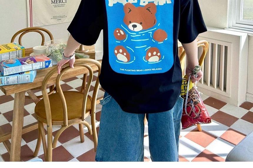 SeoulPop - T-shirt met korte mouwen en berenprint, losvallend