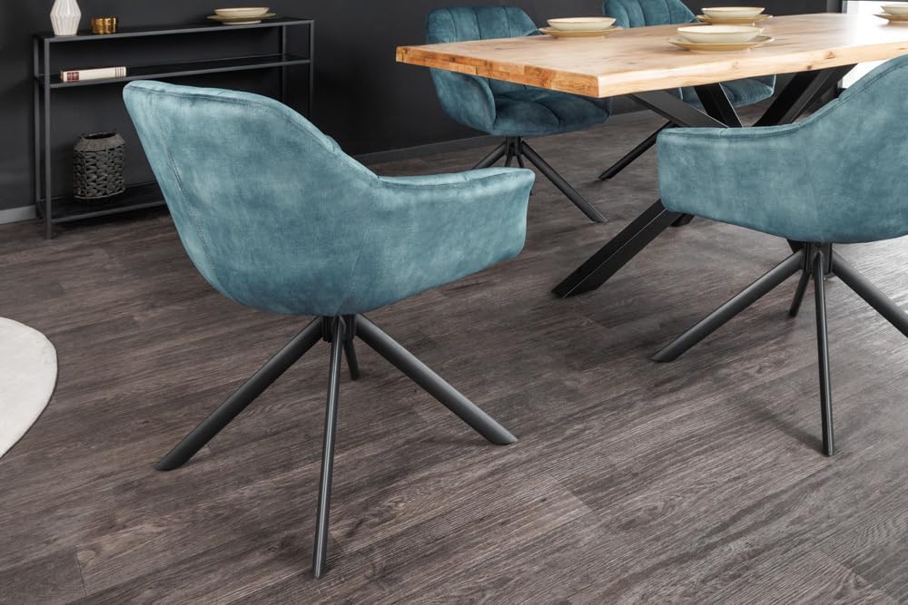 Riess Ambiente Drehbarer Stuhl Papillon Petrol blau Samt Schwarze Metallbeine Armlehnen Stuhl Esszimmerstuhl Küchenstuhl Konferenzstuhl