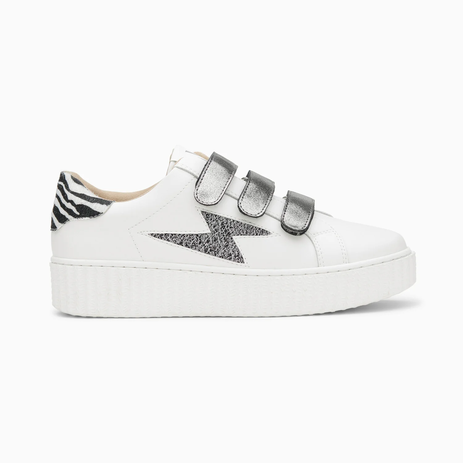 Sneakers-Baskets éclair Darine blanc et zèbre à scratchs anthracite