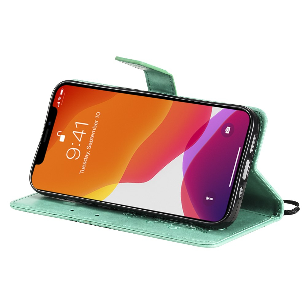 iPhone 13 Leder Tasche mit Kartenfach   Handschlaufe Schmetterling - Türkis
