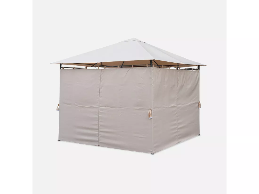 Tonnelle 3x3 m - Elusa - Toile beige - Pergola avec rideaux. tente de jardin. barnum. chapiteau. réception