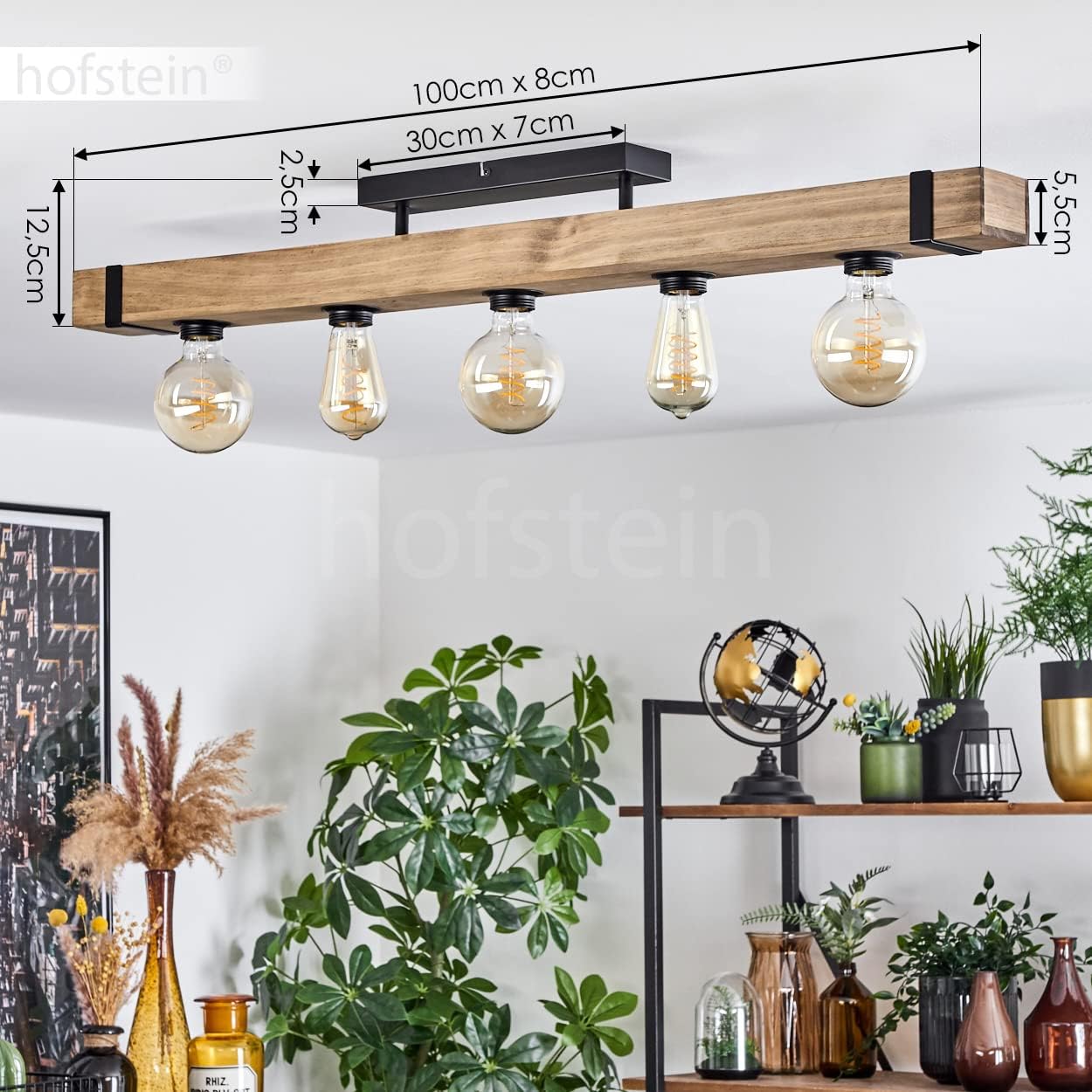 Deckenleuchte Montgomery, moderne Deckenlampe aus Metall/Holz in Schwarz/Natur, Leuchte im skandinavischen Design mit Holzbalken (100 cm), 5-flammig, 5 x E27-Fassung, Wohnzimmer, Küche, Flur, Büro