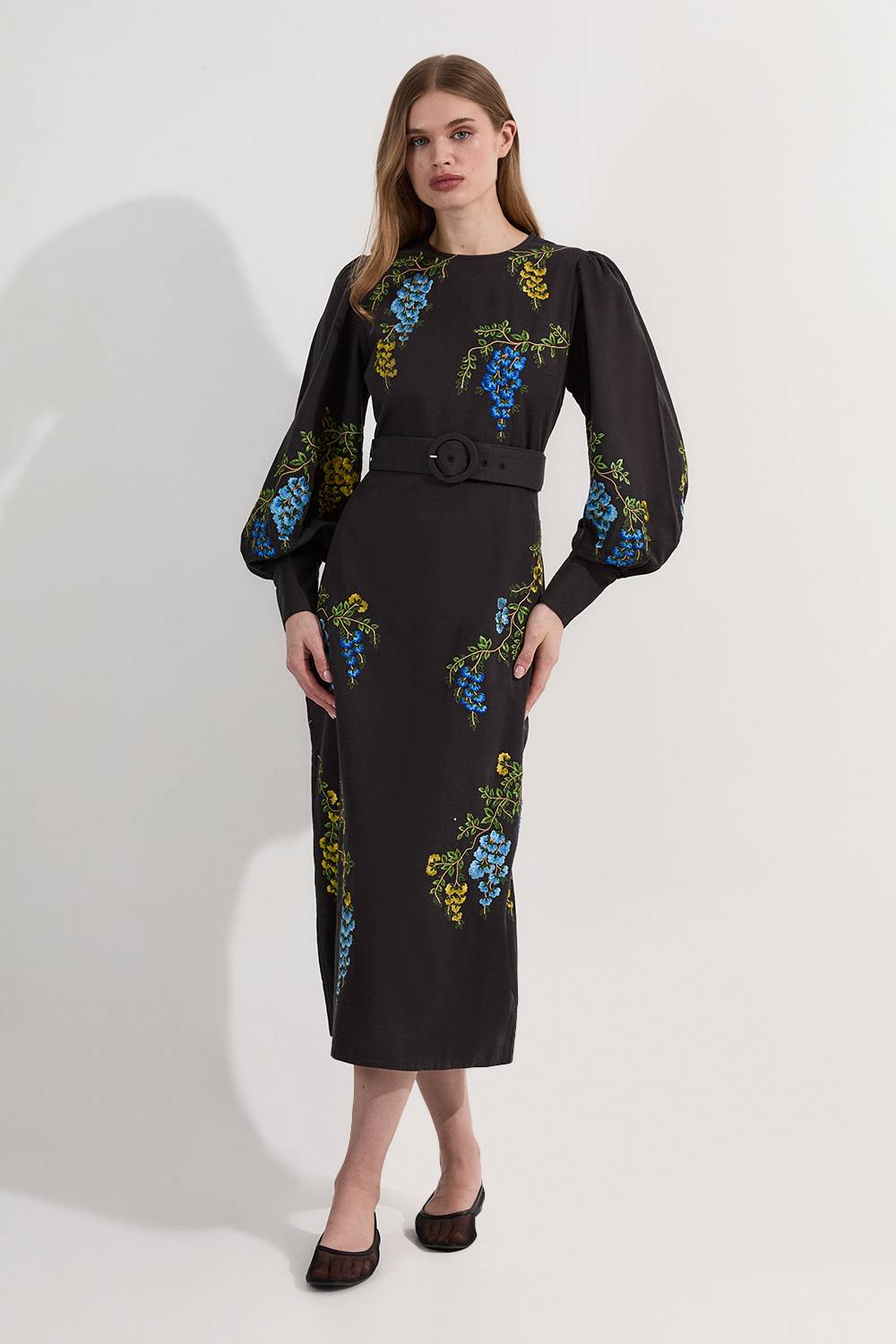 KarenMillen Robe midi tissée en lin-coton brodée de motifs floraux