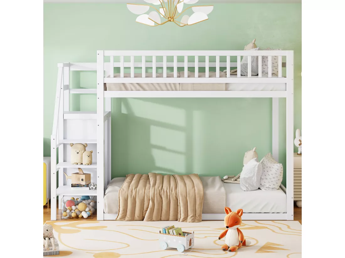 Lits superposés 2 x 90 x 200 cm avec armoire et échelle - Pin+MDF - pour enfant - Blanc (sans matelas)