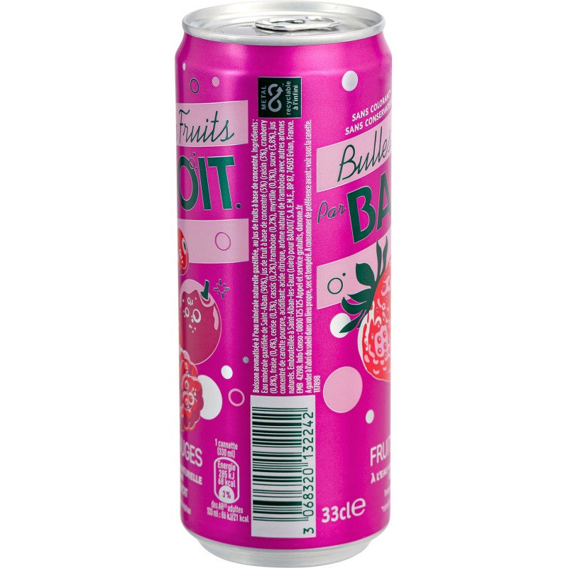 Eau gazeuse Badoit Bulles de fruits Bio fruits rouges 33 cl - 24 bouteilles