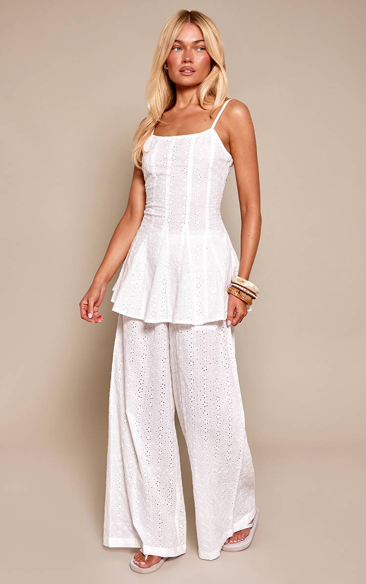 Blanc Haut Long Cintré Broderie Anglaise Ensemble Coordonné