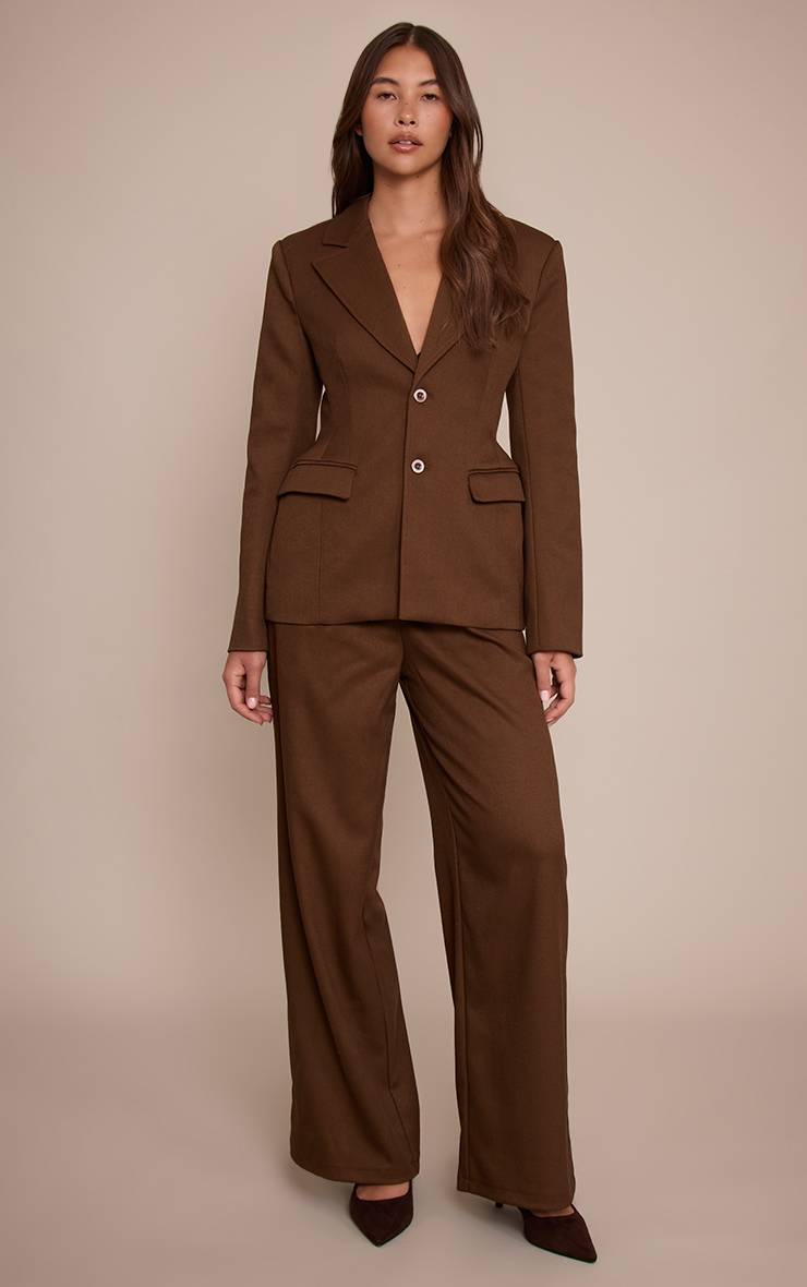 Chocolat Pantalon Droit Ajusté En Tissu Tissé