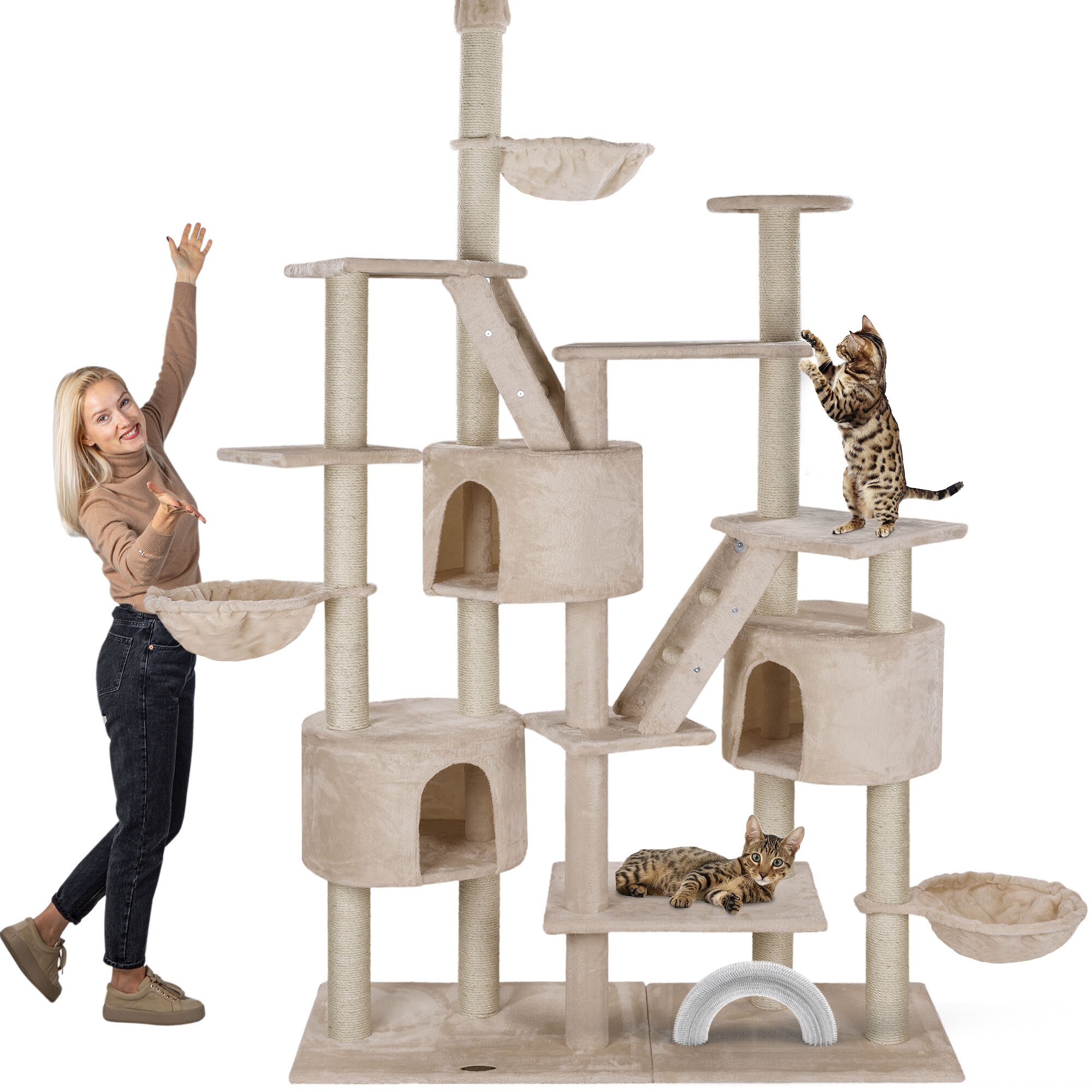 HAPPYPET Kratzbaum deckenhoch bis 260 cm Kletterbaum SIMBA - Extra breit, Häuser, Treppen, Liegemulden, großer XXL Katzenbaum Stabil für Katzen, 9 cm Säulen | Beige