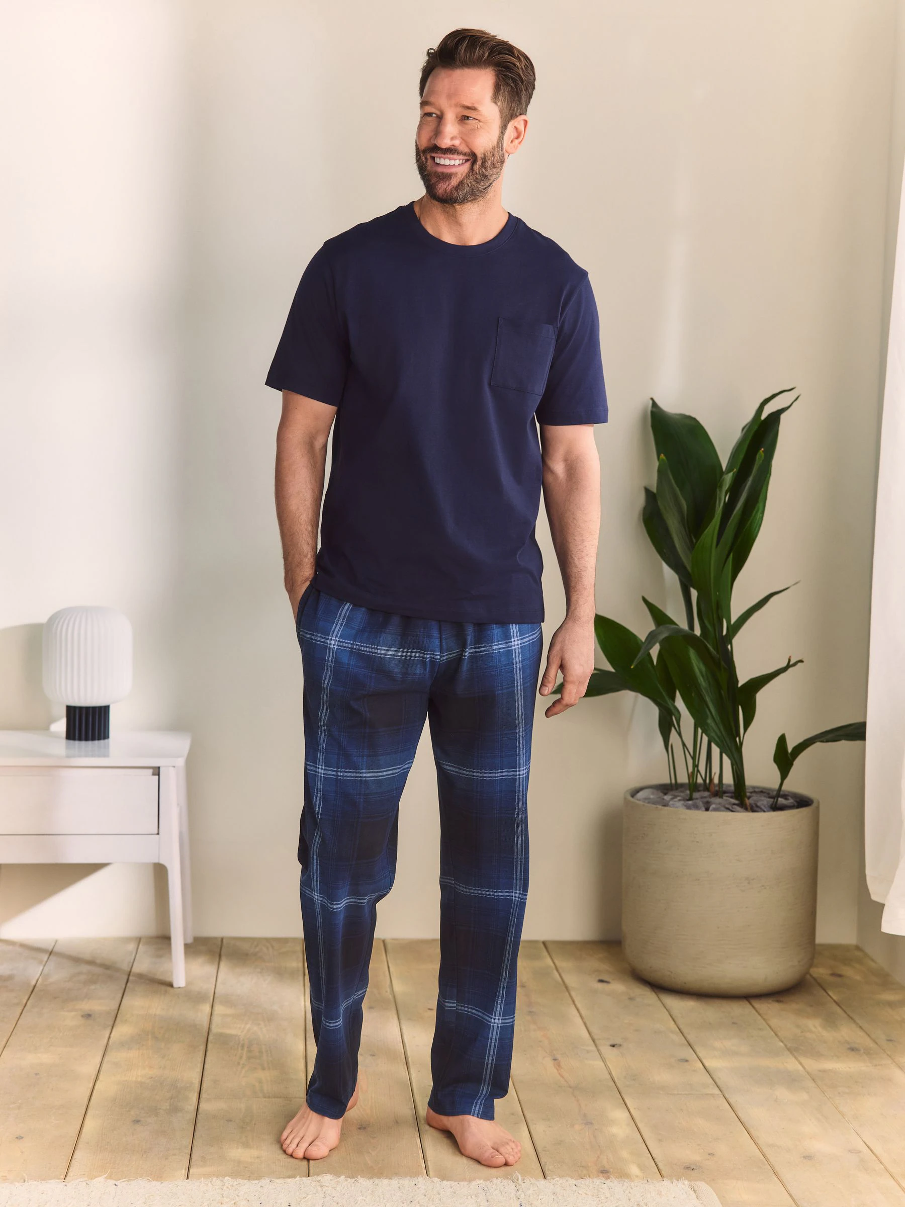 Marineblauw geruit - Jersey pyjama met korte mouwen