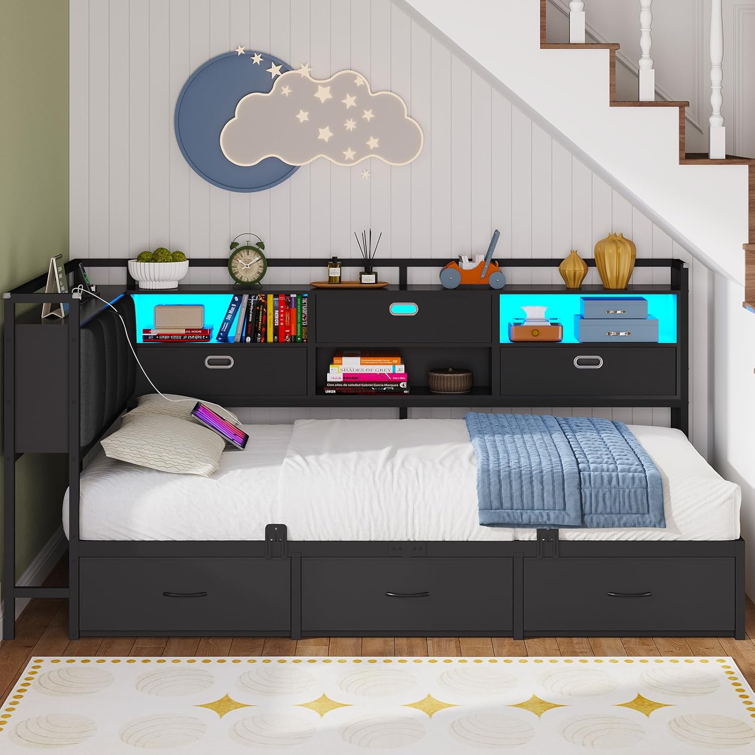 Schlafsofa mit LED-Beleuchtung und Ladestation(2 AC-Steckdosen + 2 USB-Anschlüsse) Jugendbett 90x200 cm mit 6 Schubladen, Tagesbett 90x200 cm, Gepolsterte Rückenlehne mit verstecktem Stauraum