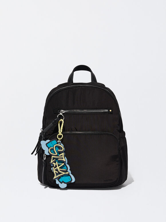 Mochila de nylon com pingente - Preta