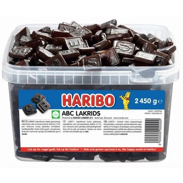 Haribo ABC Lakrids 2,45 kg i plastbøtte