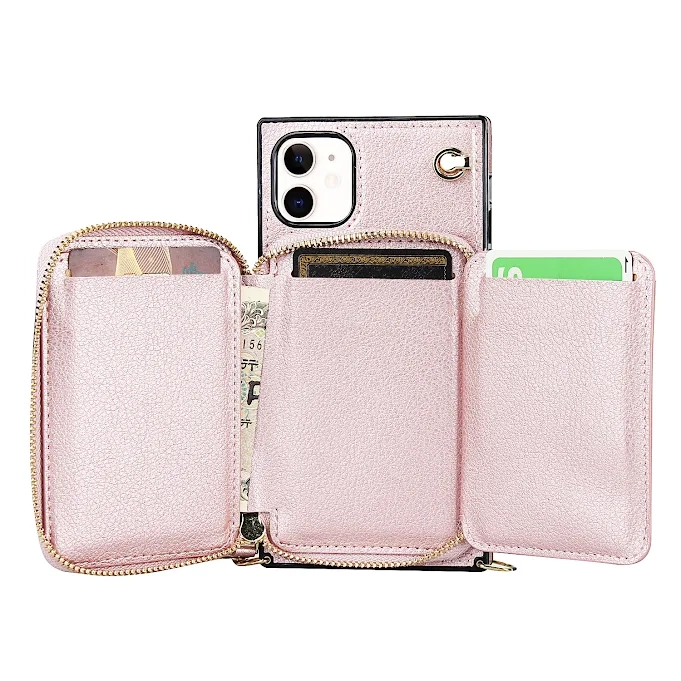 iPhone 11 Necklace Leder Schutz Hülle mit Kartenfächer   Handykette (140cm) - Roségold