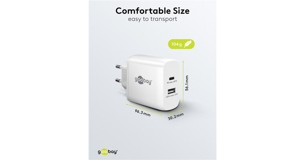 goobayUSB-C PD GaN Dual snellader (65 W)  (Wit, 1x USB-C, 1x USB-A, Power Delivery)