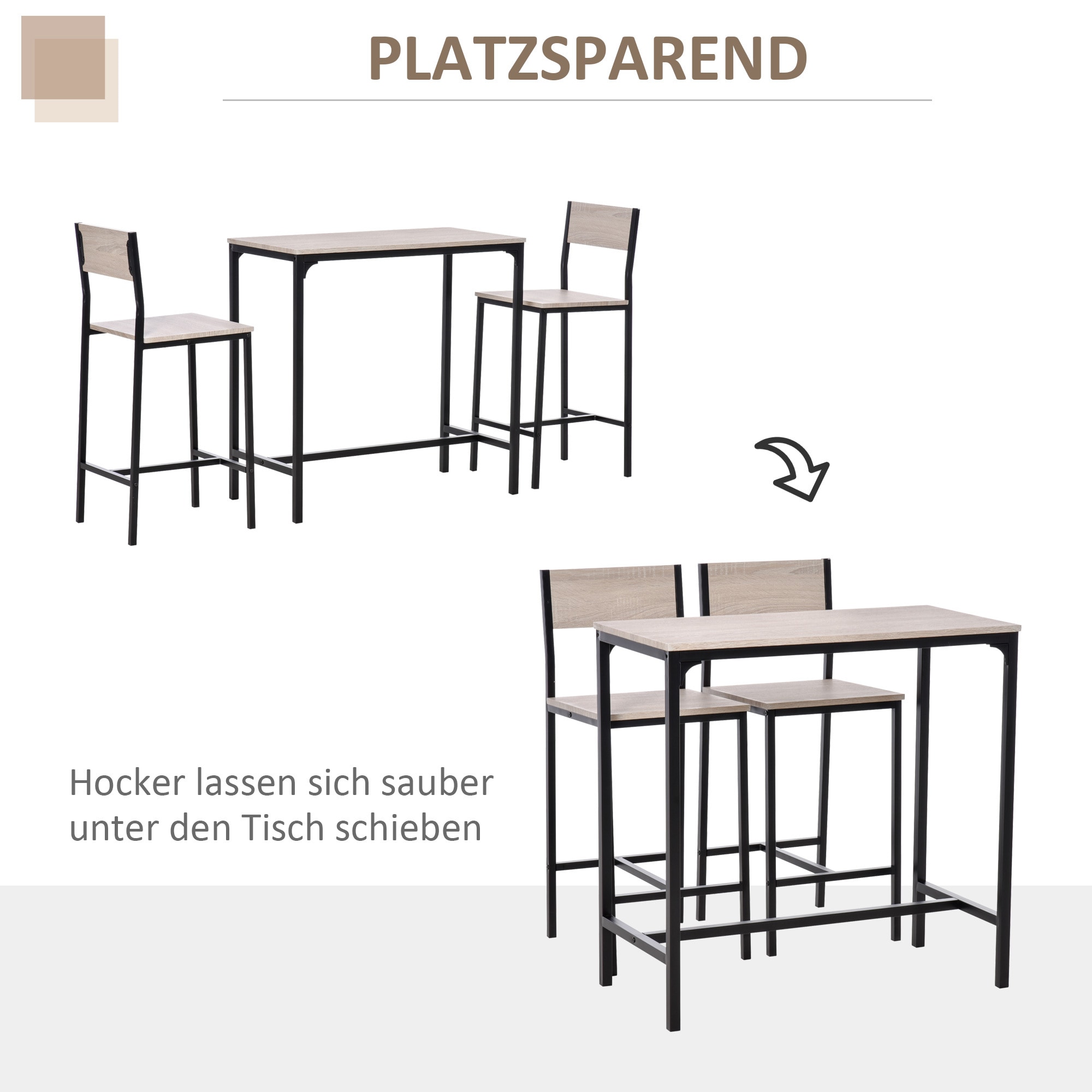 HOMCOM Bartisch mit 2 Stühlen natur, schwarz