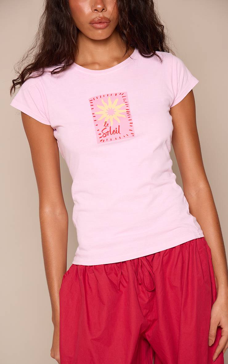 Rose T-shirt Ajusté En Coton À Motif Soleil Abstrait