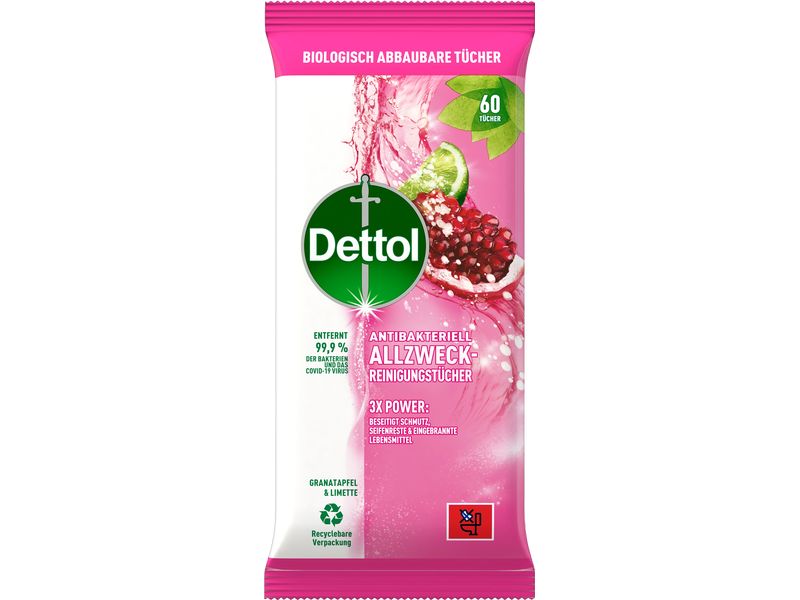 Dettol Allzweck-Reinigungstücher Granatapfel & Limette 60 S Antibakterieller Oberflächenreiniger mit fruchtigem Duft