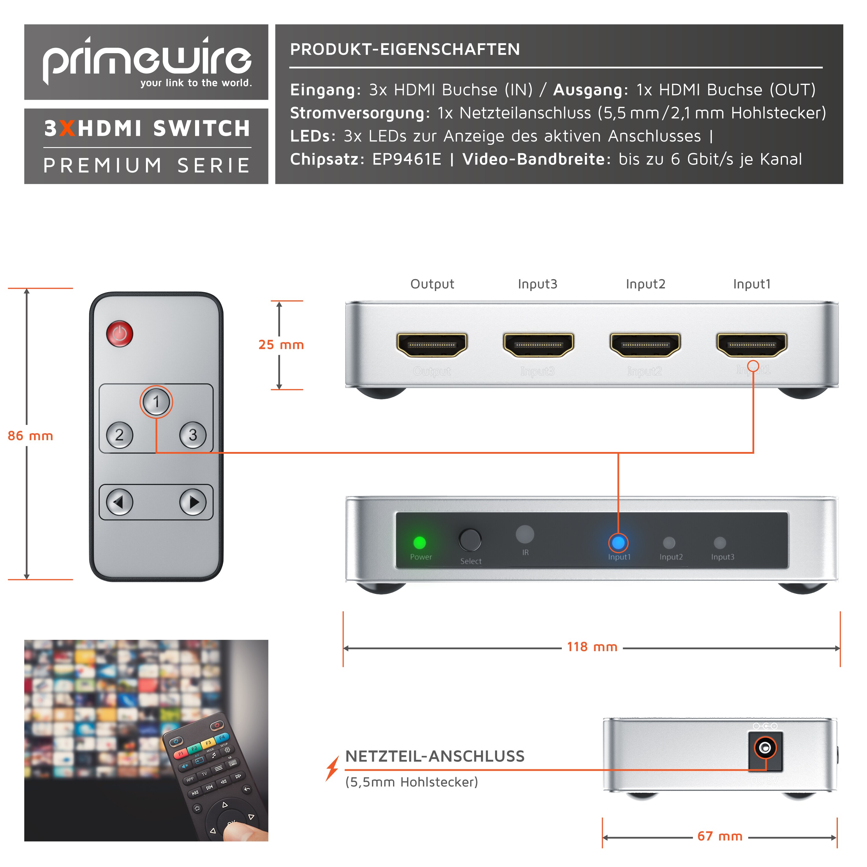 Primewire 3-Port 4k UHD HDMI Switch mit Fernbedienung & Netzteil 3x HDMI IN / 1x HDMI OUT