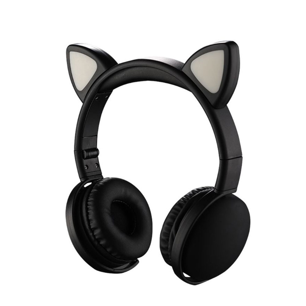 Faltbare Kinder Stereo Bluetooth 5.0 On-Ear Kopfhörer Headset mit Aux-In   leuchtende LED Katzenohren - Schwarz