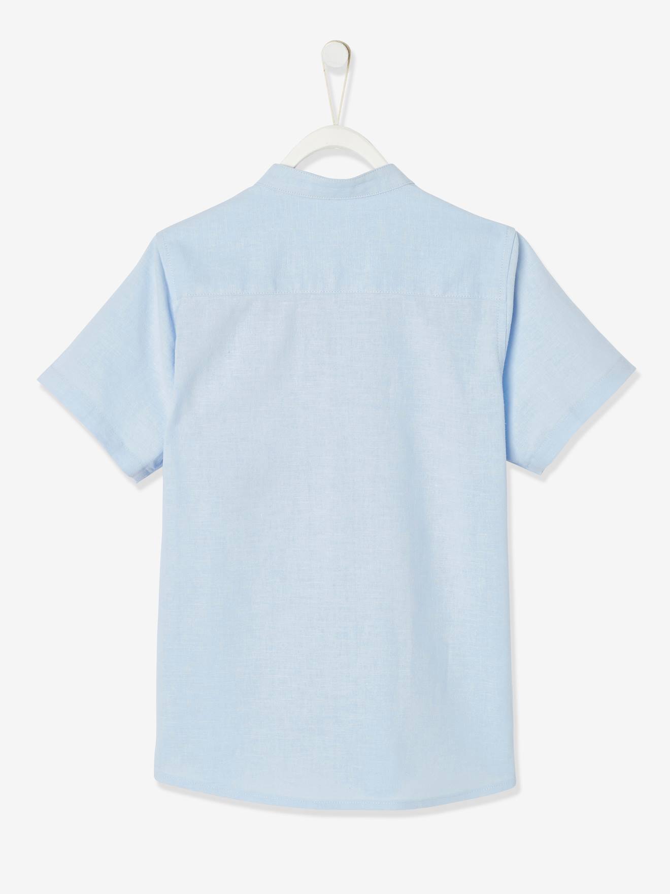 Camisa lisa bege clara de algodão/linho com gola mandarim e mangas curtas para meninos