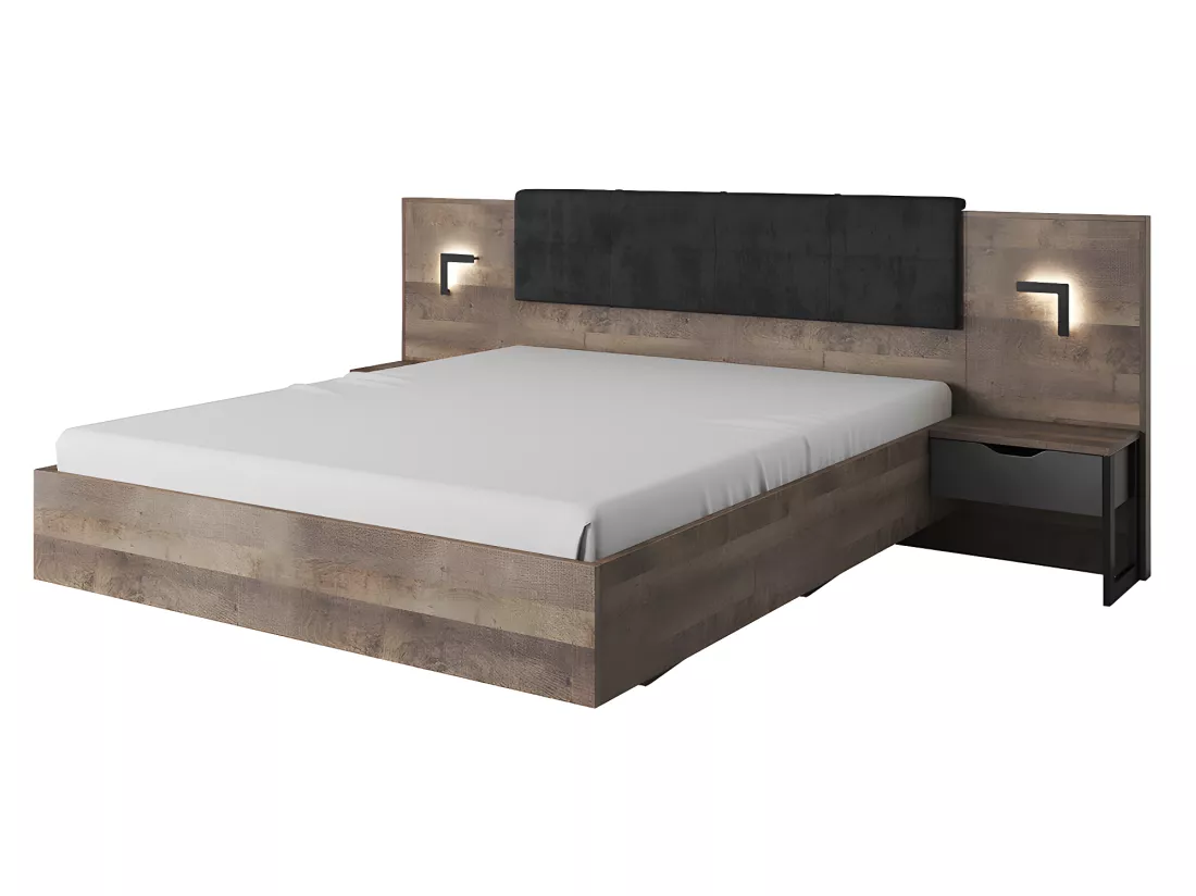 Lit avec chevets 160 x 200 cm - Avec LEDs - Coloris : Naturel et anthracite - LAONILE