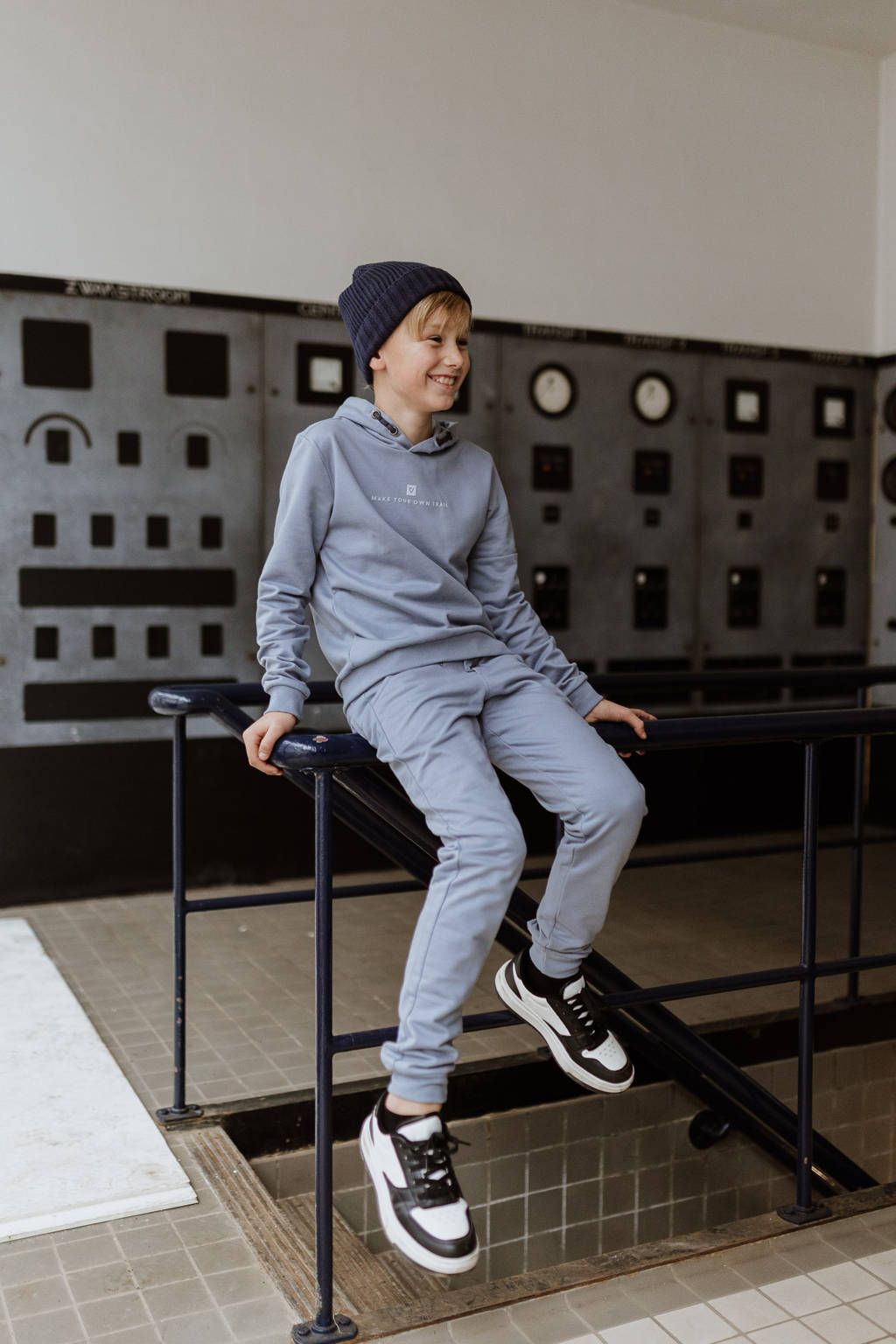 No Way Monday ribgebreide hoodie met backprint grijsblauw