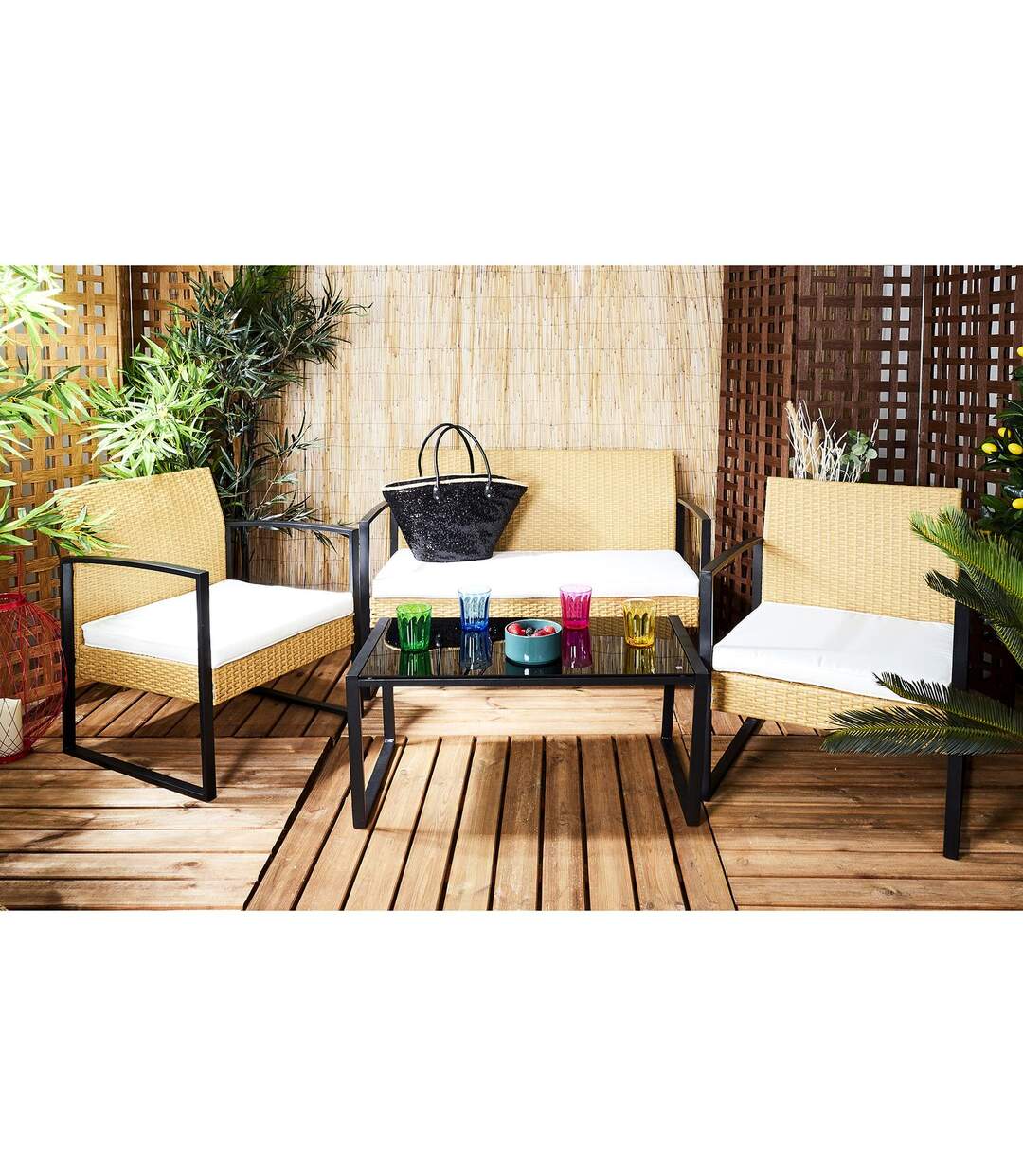 Salon de jardin Alicante 4 places effet cannage - Beige et Noir