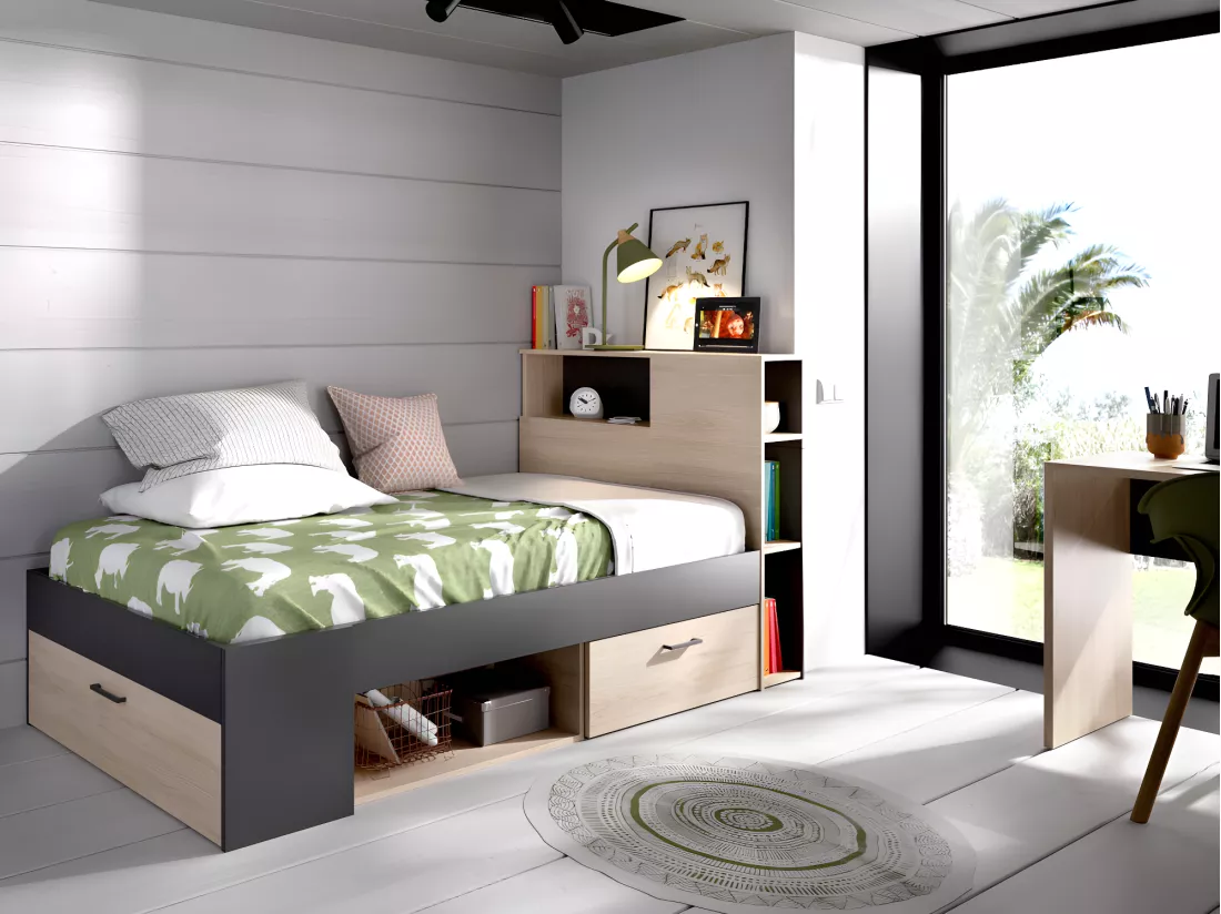 Lit avec tête de lit rangements et tiroir - 90 x 190 cm - Anthracite et naturel + Sommier - LEANDRE
