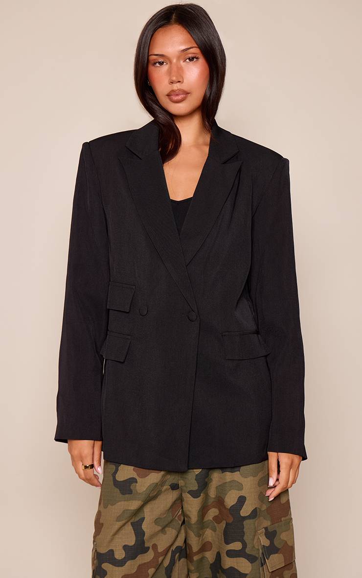 Noir Blazer Croisé À Double Détail De Poches