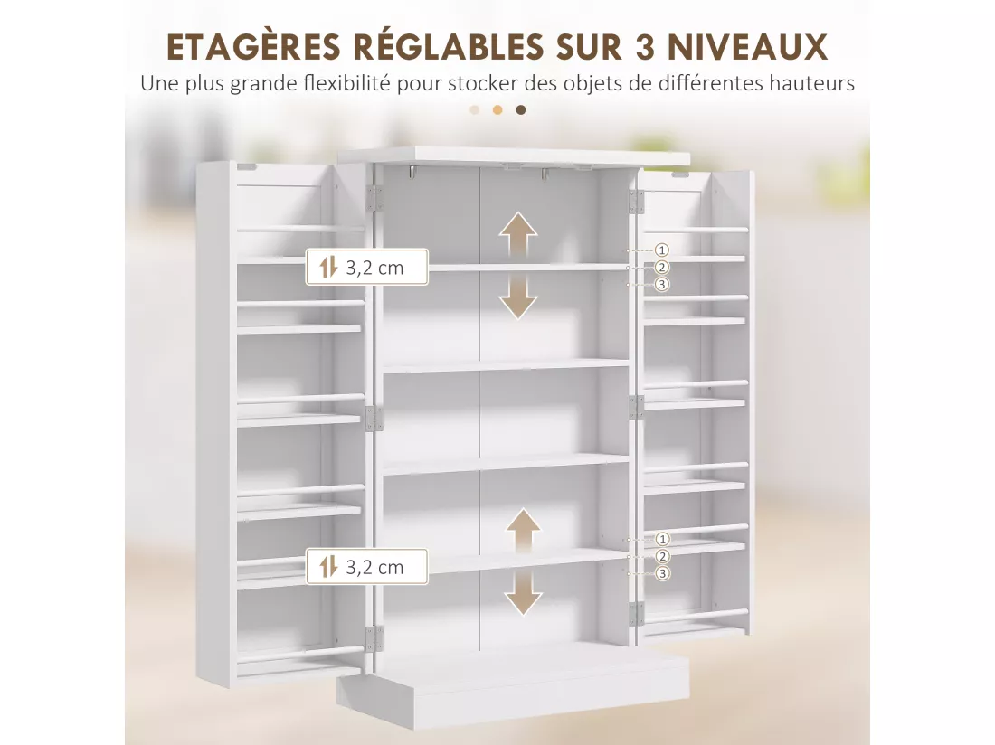 Armoire de cuisine 2 portes total 14 étagères - dim. 60L x 30l x 104H cm - MDF blanc