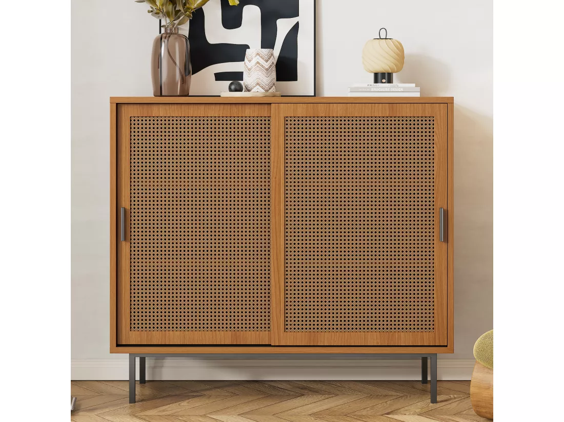 URBAN MEUBLE Buffet effet bois 2 portes coulissantes en rotin L100/H90/P37cm