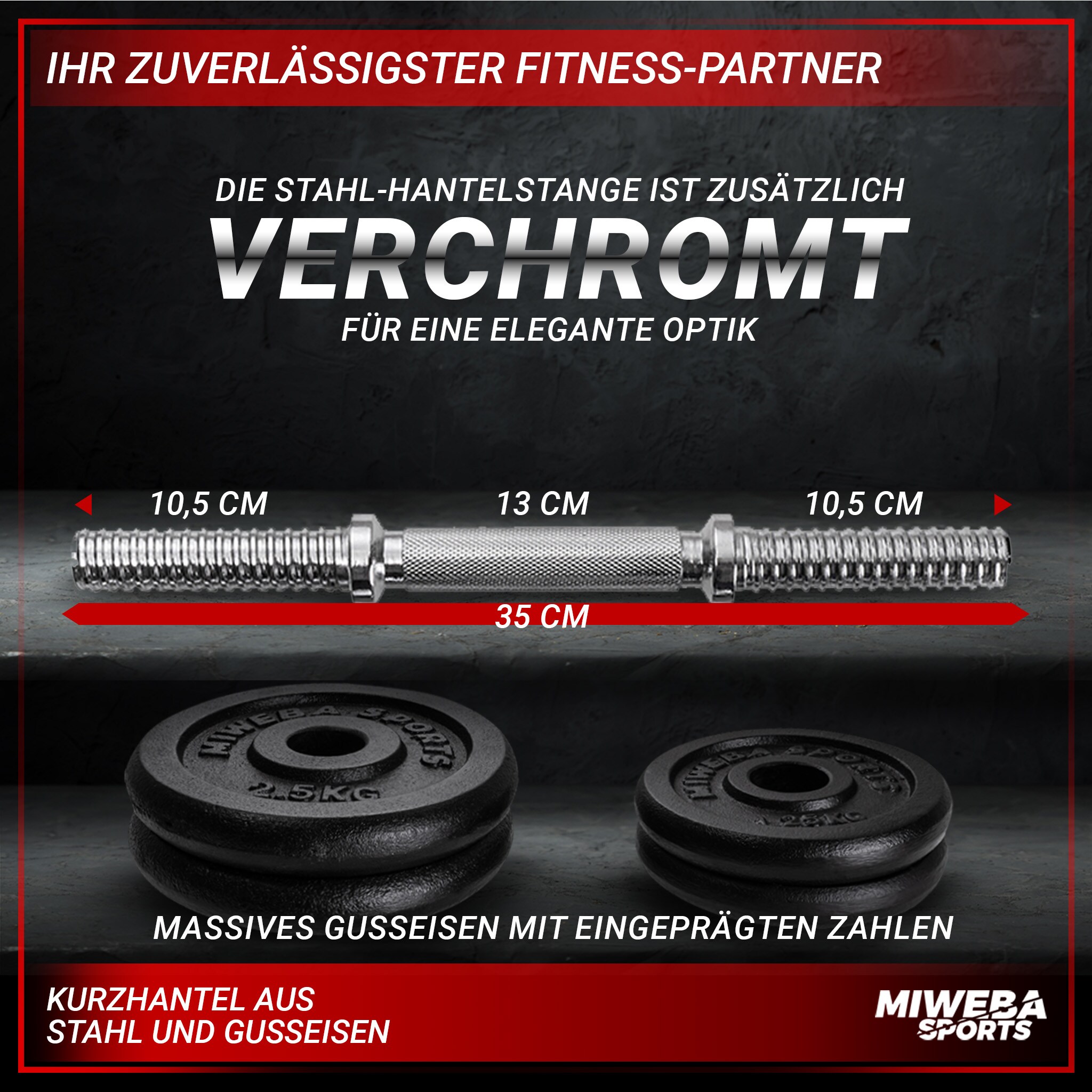 Miweba Sports Kurzhantel MKH110, 10 kg, Gewichte aus Gusseisen, Stahl-Hantelstange, Sternverschluss (Hantelpaar)