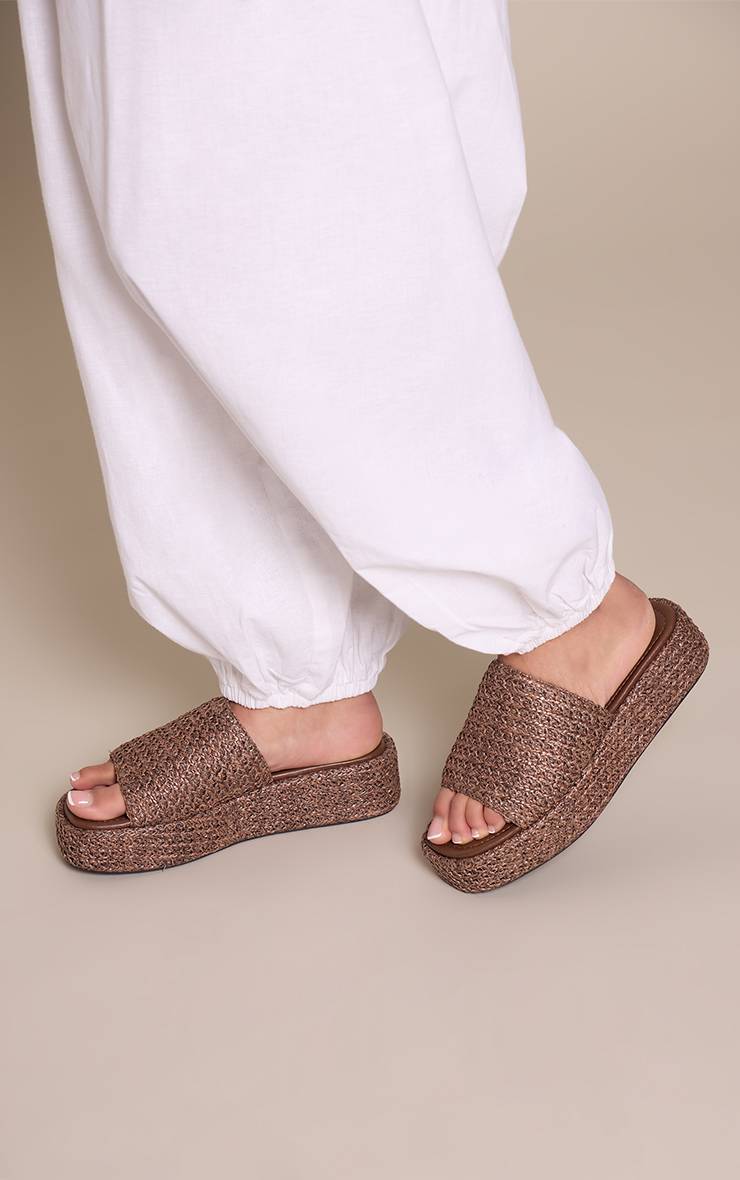 Chocolat Sandales Mules À Plateforme Plate En Raphia
