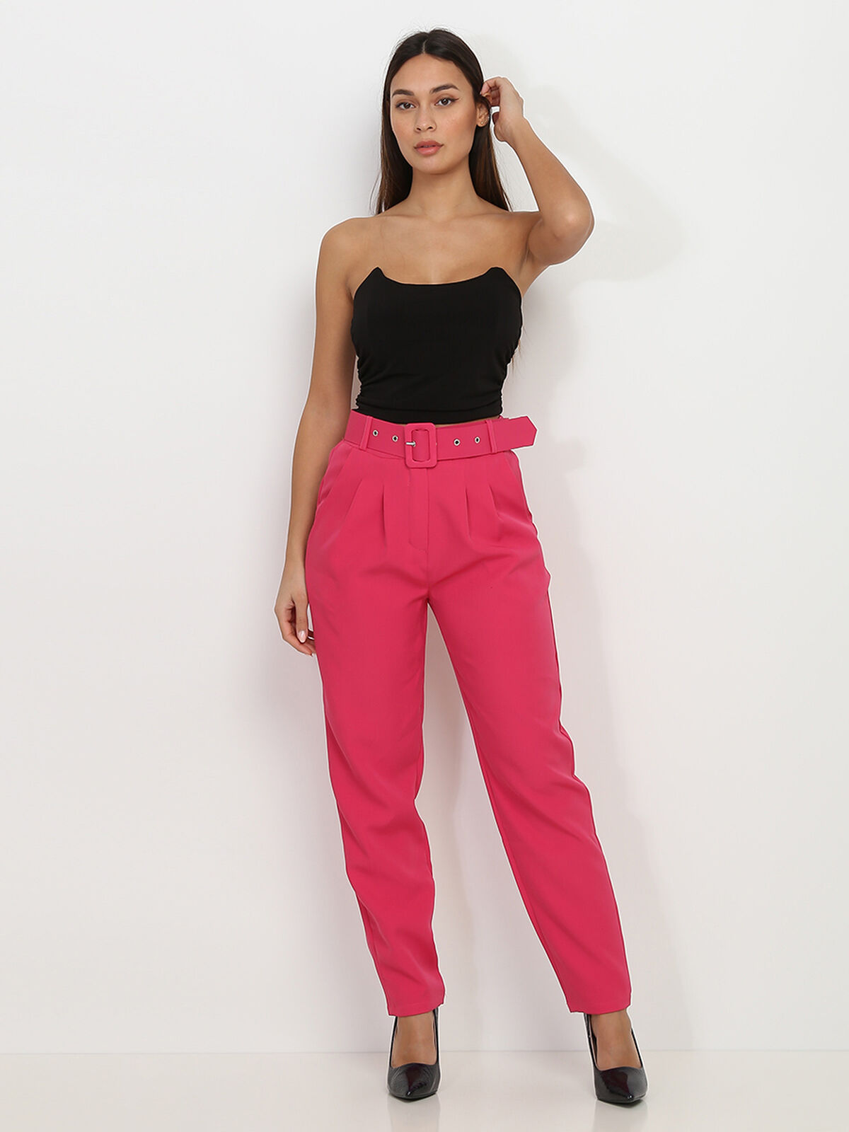 Pantalon à pinces avec ceinture- Fuchsia