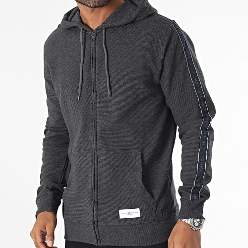 Sweat Zippé Capuche A Bandes 3011 Gris Anthracite Chiné