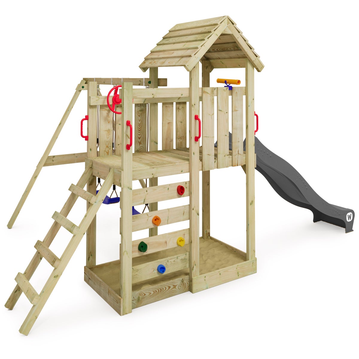 WICKEY MultiFlyer Speeltoren Klimrek met Houten Dak, Schommel en Glijbaan, Klimtoren met Houten Dak, Zandbak, Ladder en Speelaccessoires - Antraciet