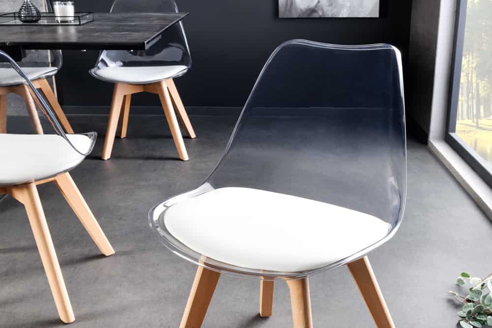 Design Stuhl SCANDINAVIA MEISTERSTÜCK transparent weiß Kunststoff Buchenholz natur