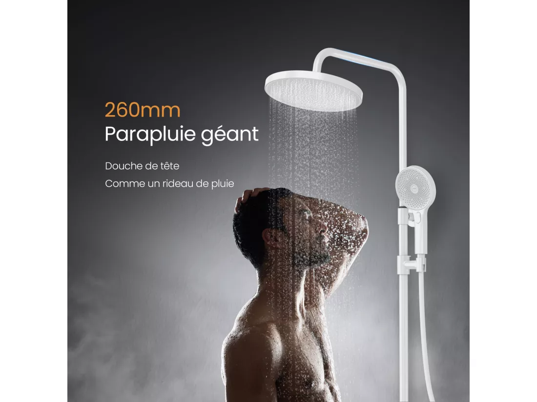 EMKE Colonne de Douche avec douche theramostat 38 °C à Grande douche de tête et douchette multimode, Cercle, blanc